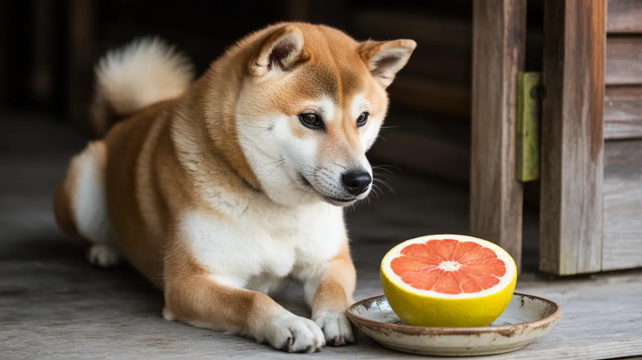 A Shiba Inu sitting calmly next to a halved grapefruit on a rustic ceramic plate