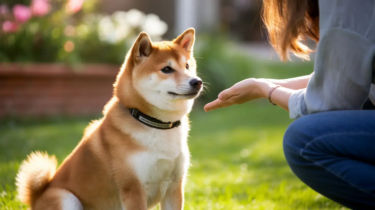 Shiba Inu sitting on grass, person extending hand toward the dog in sunny outdoor setting