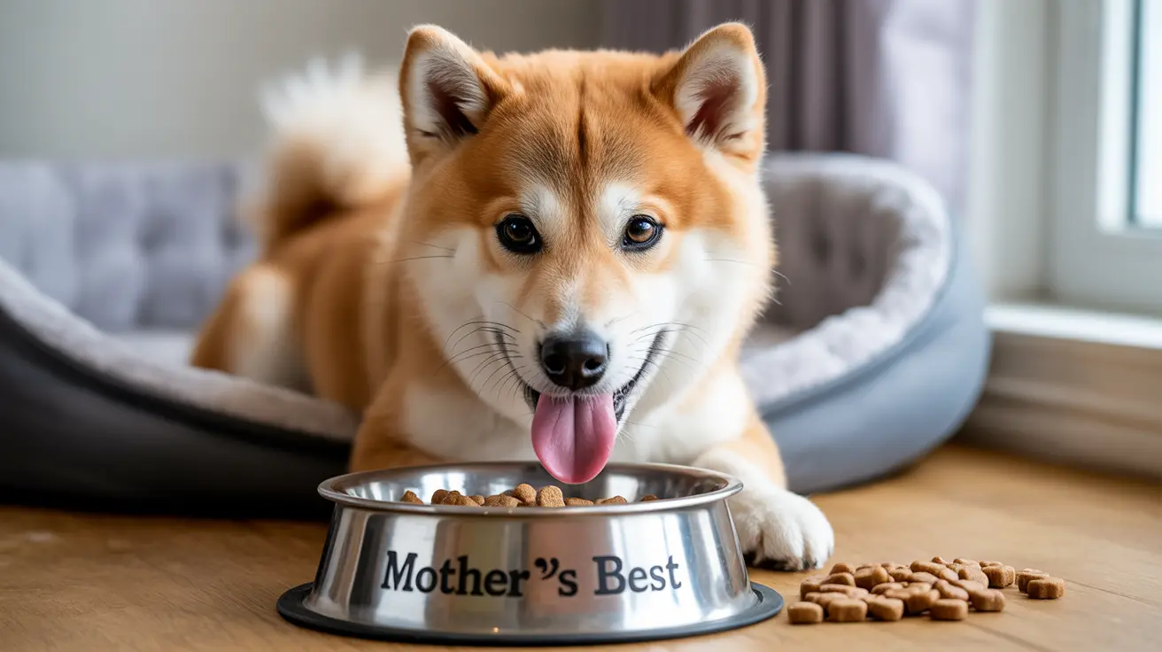 A Shiba Inu sitting next to a food bowl filled with dry dog food, looking happy and excited with tongue out.