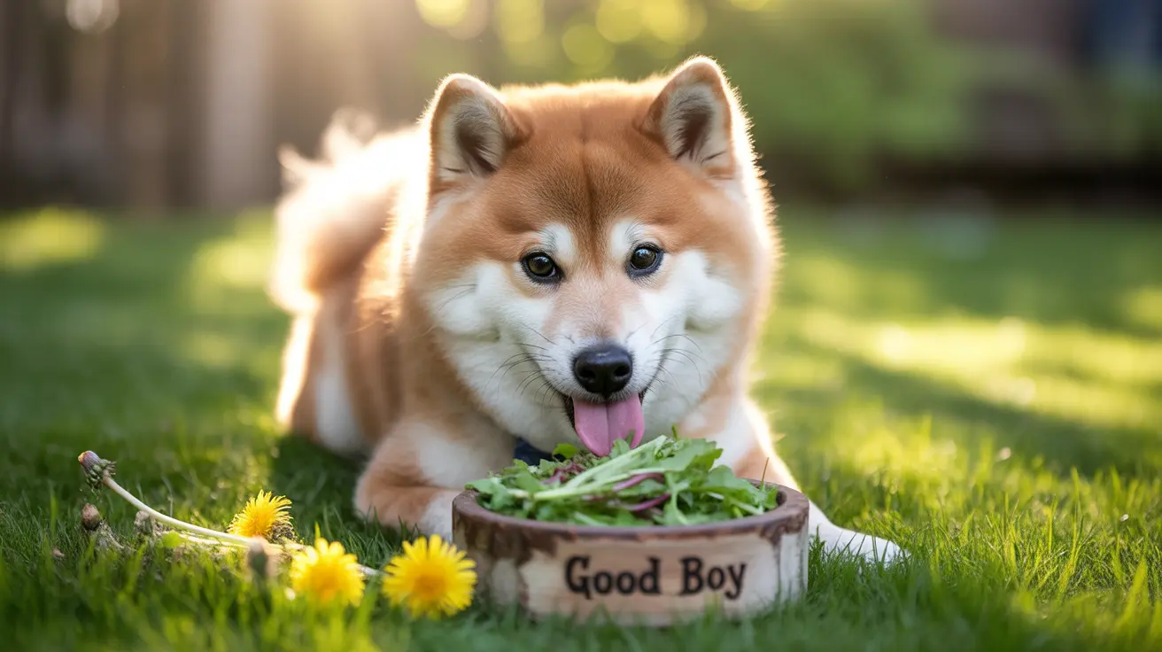 A happy Shiba Inu dog sitting in grass next to a bowl of salad greens