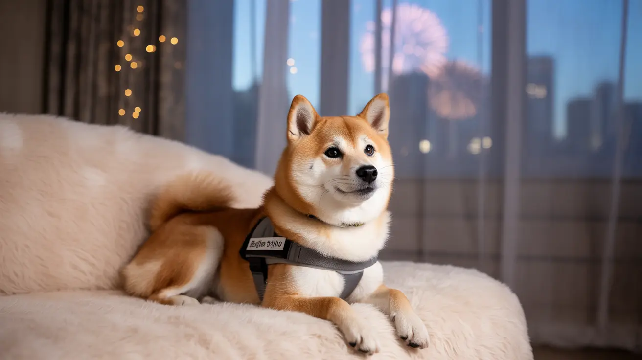 Shiba Inu wearing a harness resting on a white armchair in a modern living room with city views