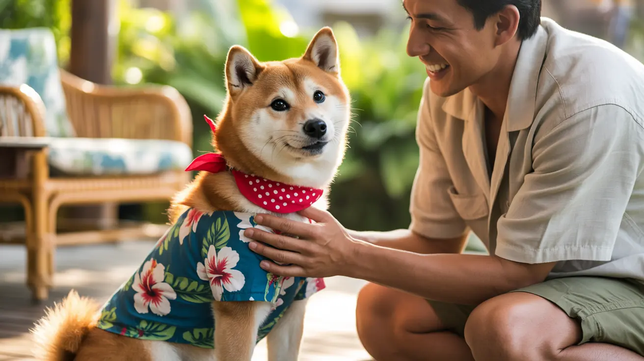 A cheerful Shiba Inu in Hawaiian shirt and bandana with a smiling companion outdoors
