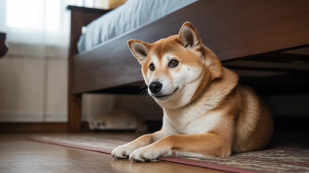 A calm Shiba Inu sitting attentively on a patterned rug beneath a bed