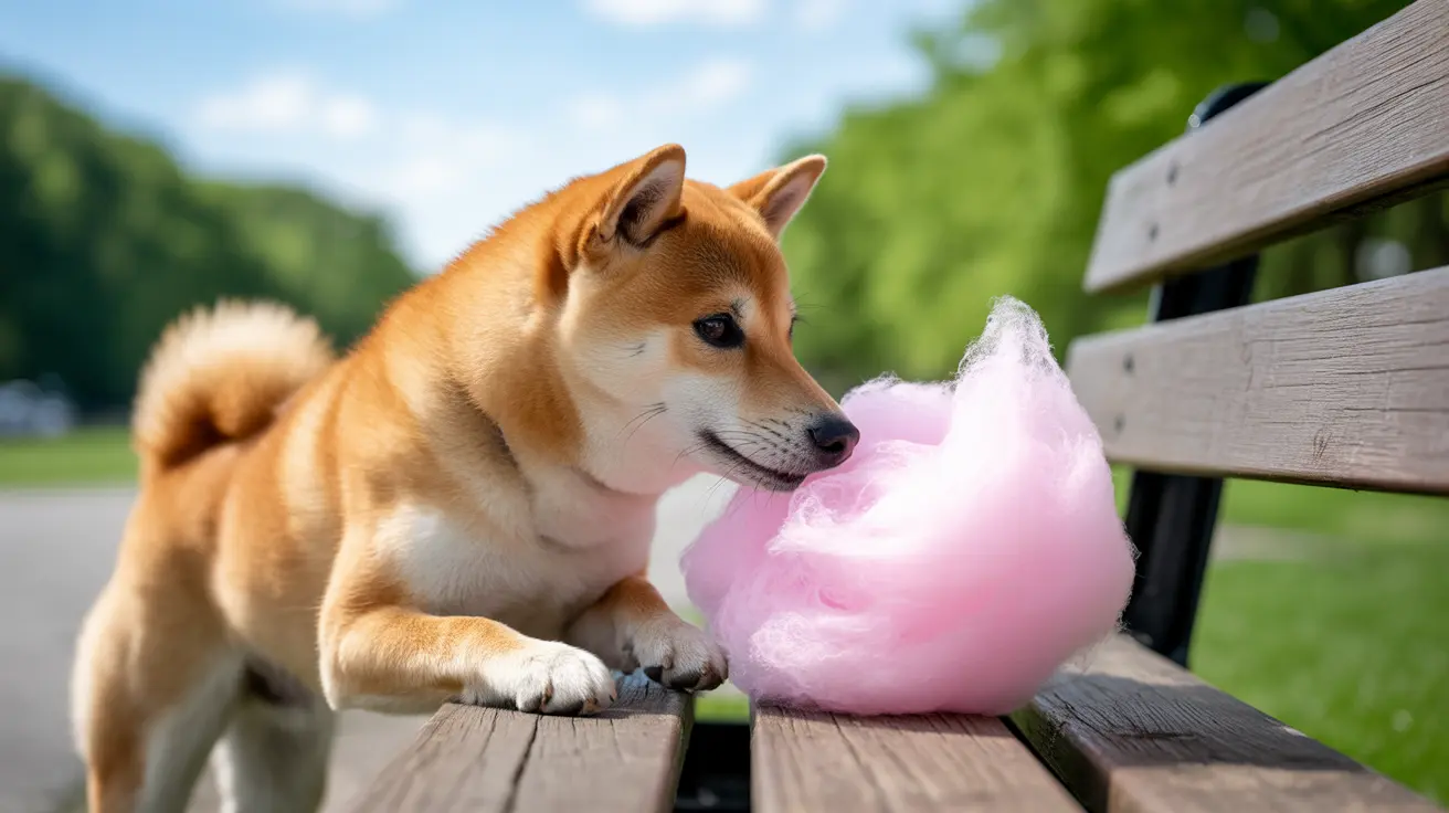 A Shiba Inu investigating a large pink cotton candy on a wooden bench