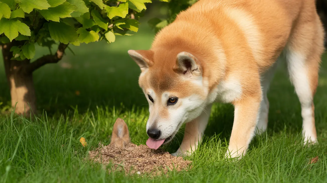 A Shiba Inu dog sniffing and investigating a mound of dirt in a grassy yard near a tree