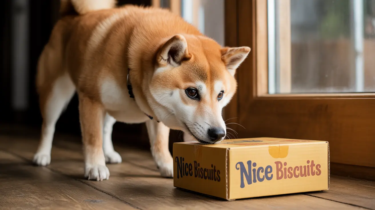 A Shiba Inu dog curiously investigating a Nice Biscuits cardboard box near a window