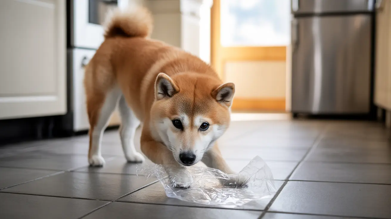 A Shiba Inu investigating a crumpled plastic bag on a kitchen floor