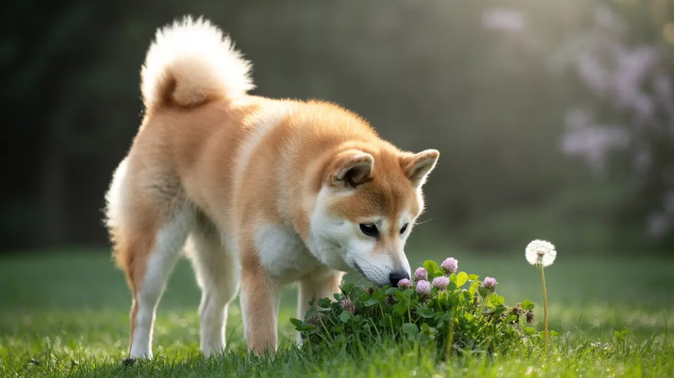 A Shiba Inu investigating clover and wildflowers in a grassy area