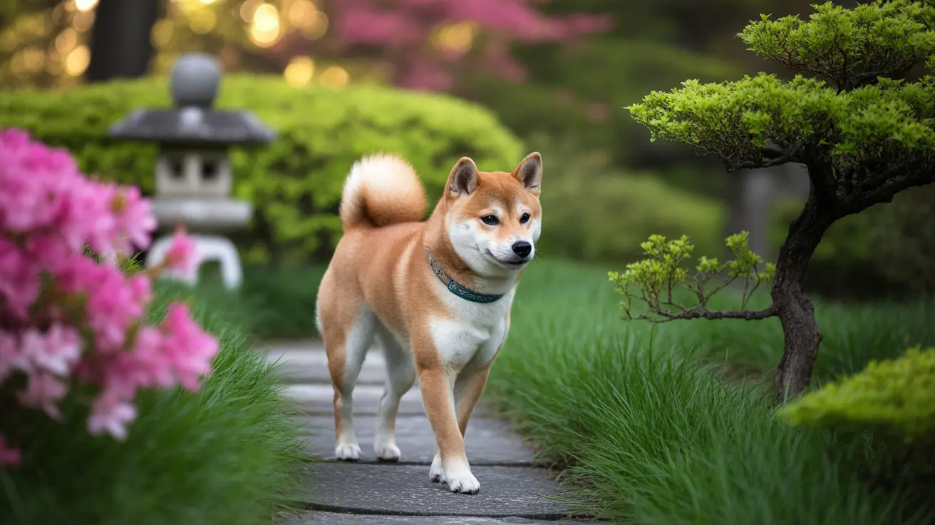 A Shiba Inu standing confidently on a stone pathway in a Japanese-style garden