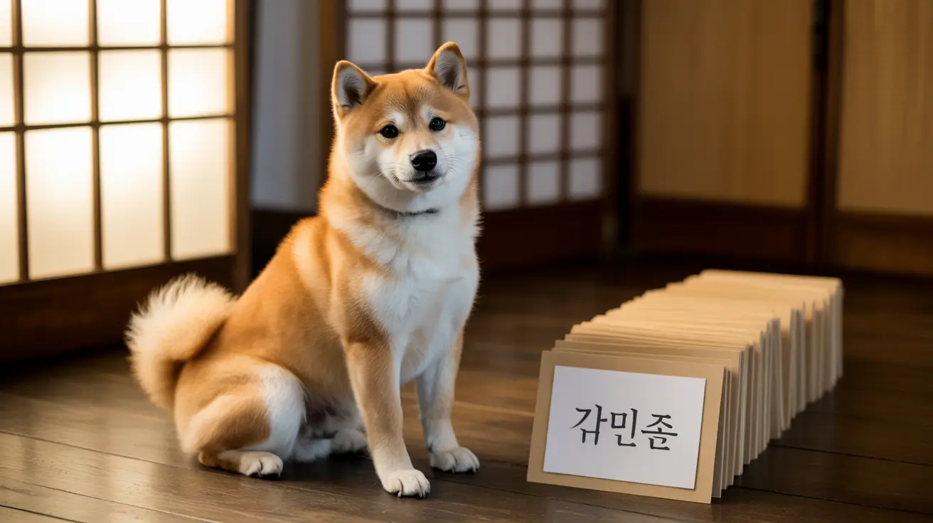 Un perro Shiba Inu sentado atentamente en una habitación de estilo japonés tradicional con puertas correderas y un letrero con texto en coreano.