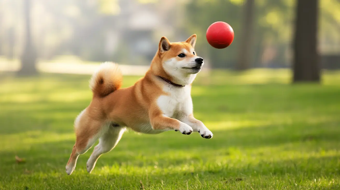 A Shiba Inu mid-leap catching a bright red ball in a grassy park