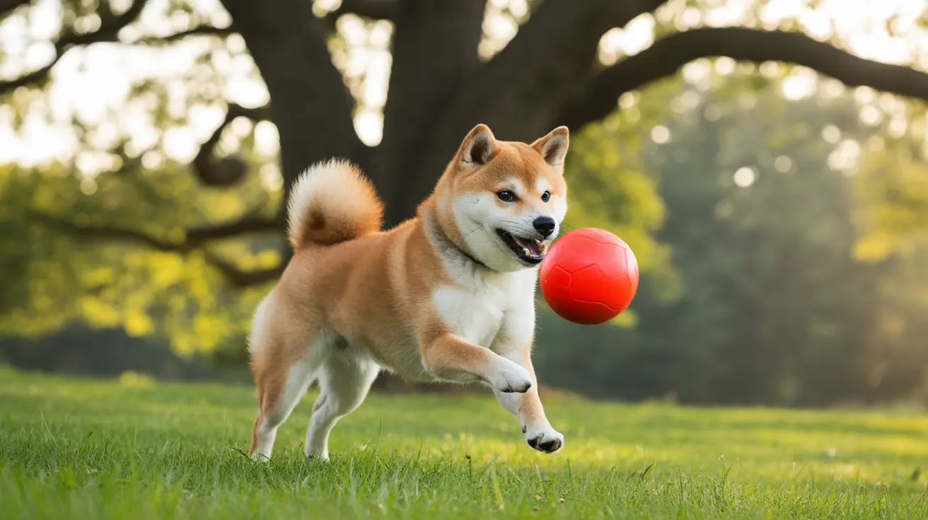 A Shiba Inu jumping and playing with a bright red ball in a green park