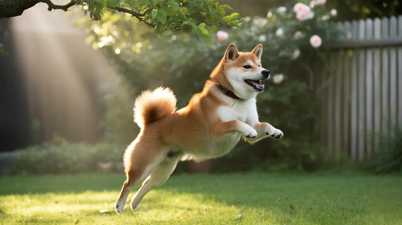 A vibrant Shiba Inu leaping energetically in a sunlit backyard garden