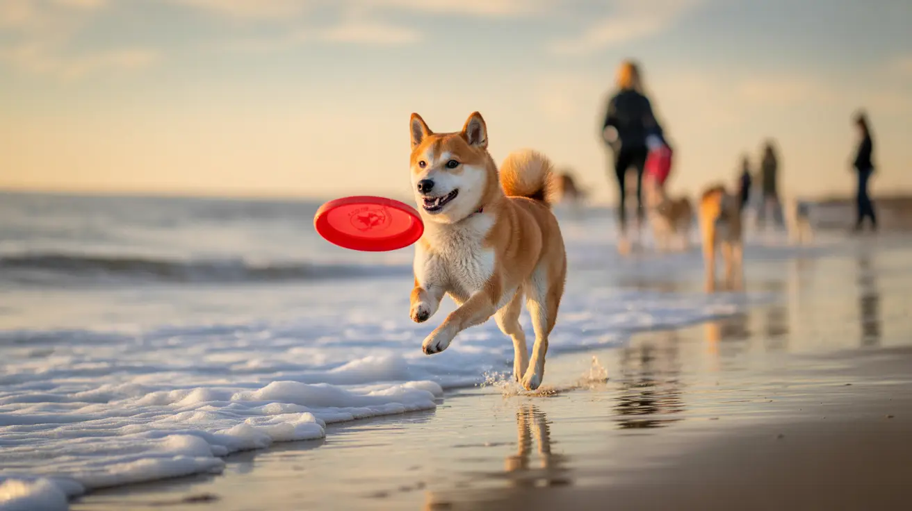 A Shiba Inu leaping joyfully through shallow water while carrying a red frisbee in its mouth