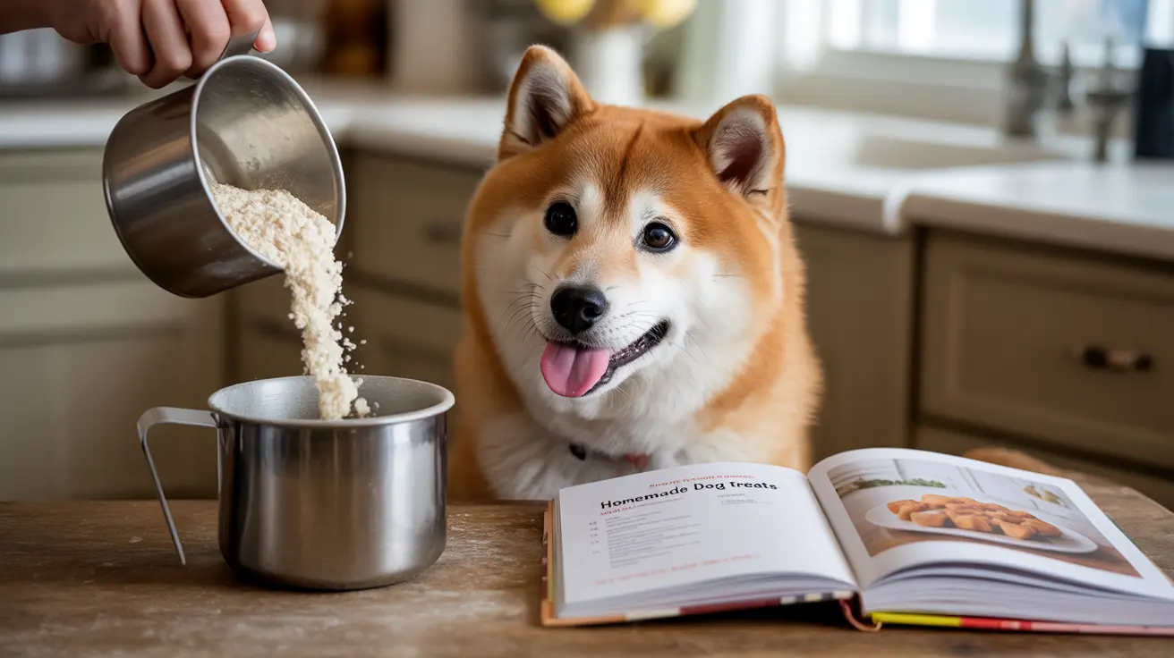 柴犬が台所で座っており、犬用おやつを作るために材料が金属製の計量カップに注がれている様子