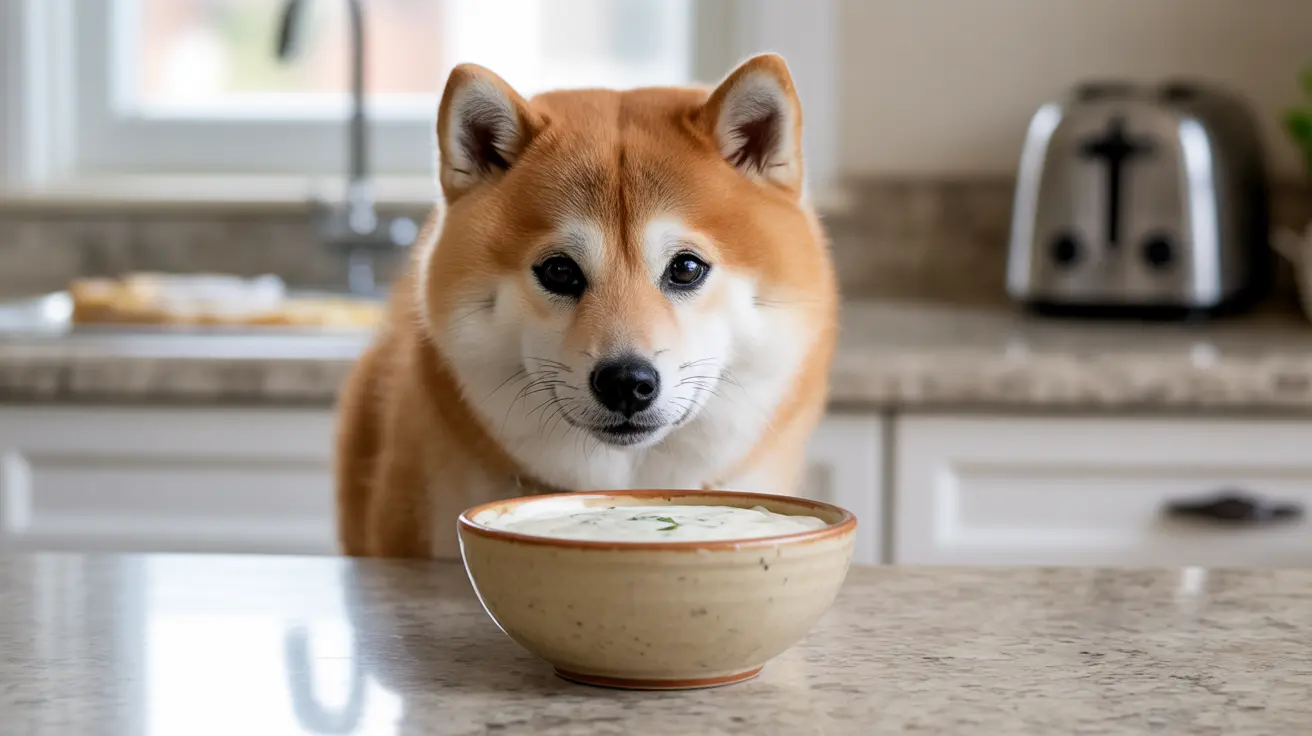 A Shiba Inu sitting attentively in a kitchen, looking at a bowl in front of it