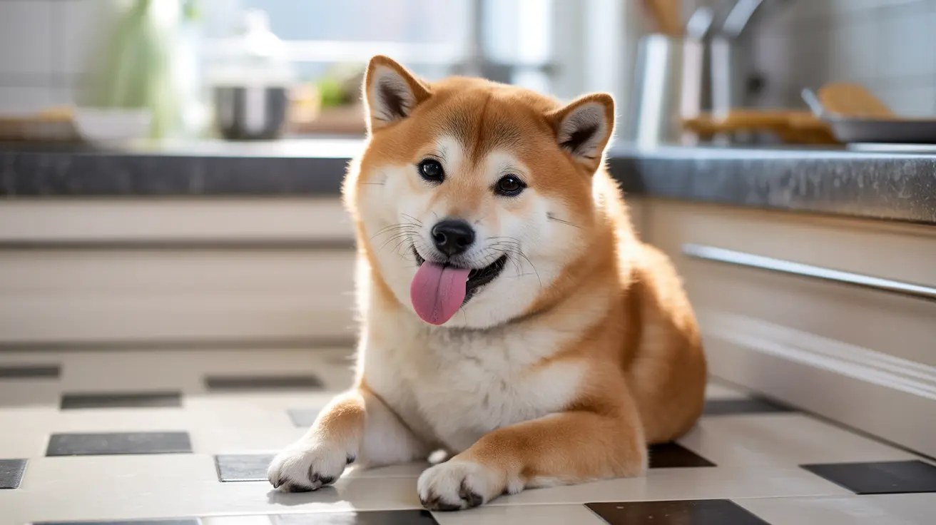 A happy Shiba Inu sitting on a checkered kitchen floor with its tongue out