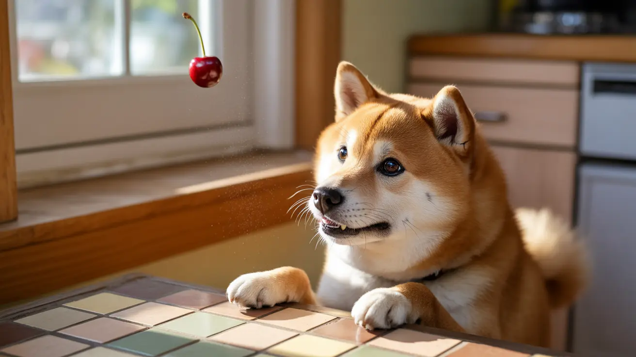 A Shiba Inu sitting at a kitchen counter with a ripe red cherry suspended nearby