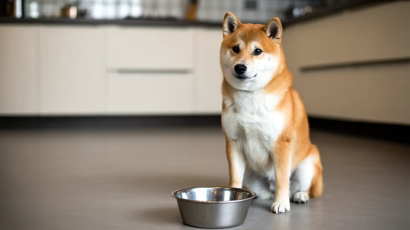柴犬がモダンなキッチンで空の金属製フードボウルの隣に注意深く座っている様子