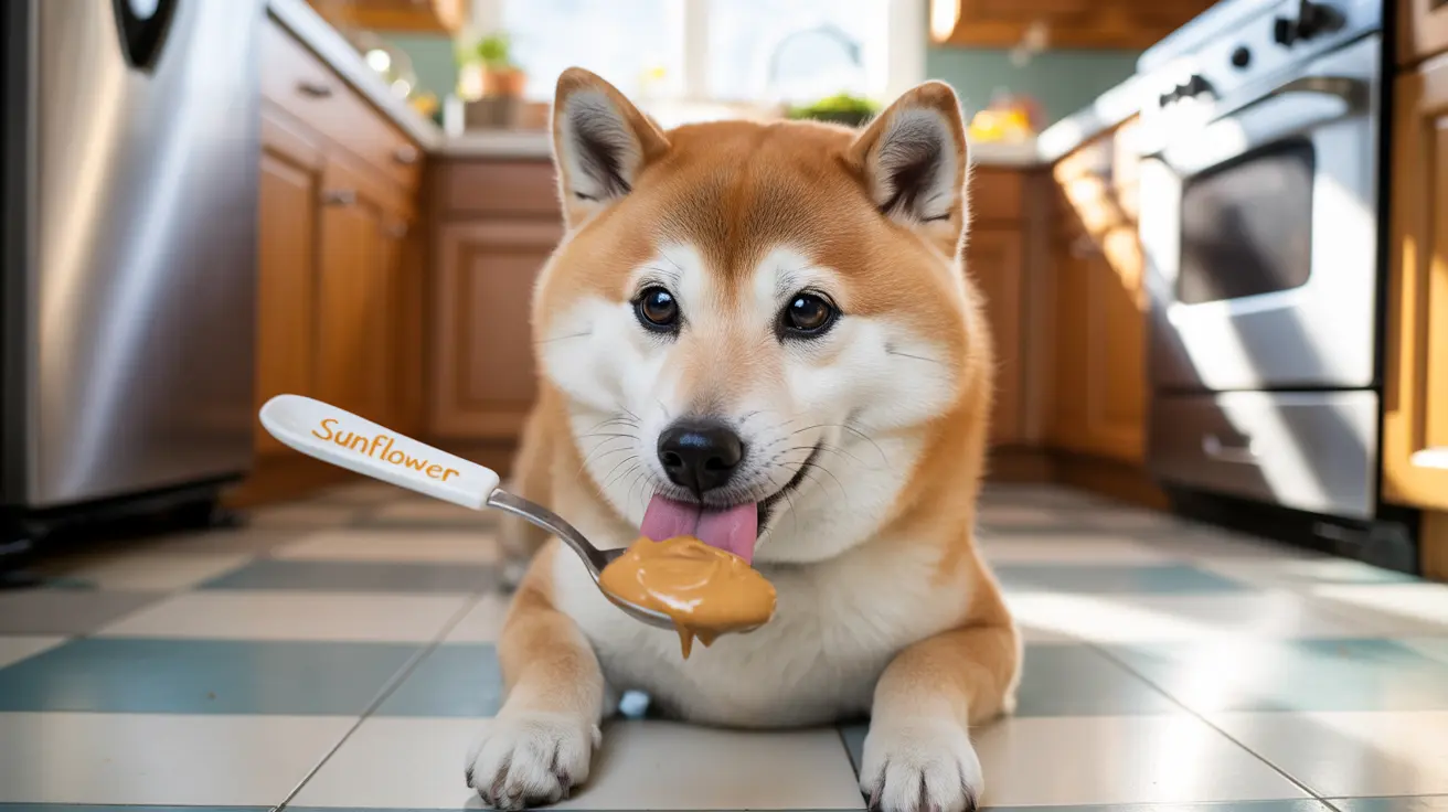 A Shiba Inu dog sitting in a kitchen with a spoon of peanut butter on its tongue