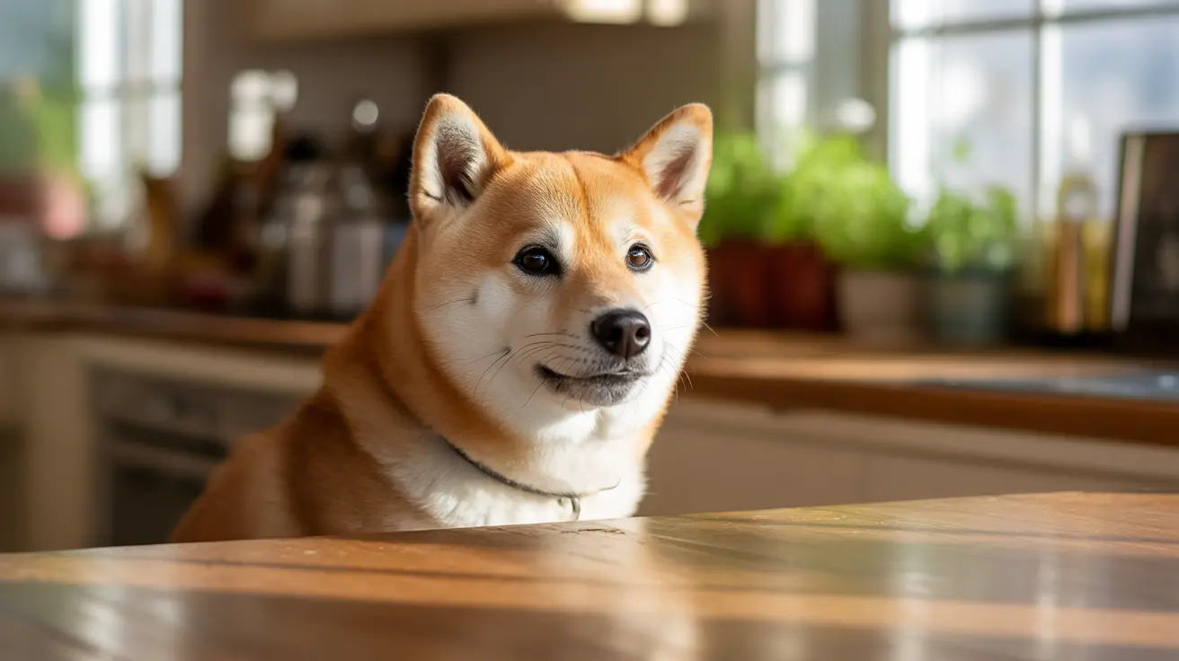 Shiba Inu sitting calmly at a wooden table in a modern kitchen with natural lighting