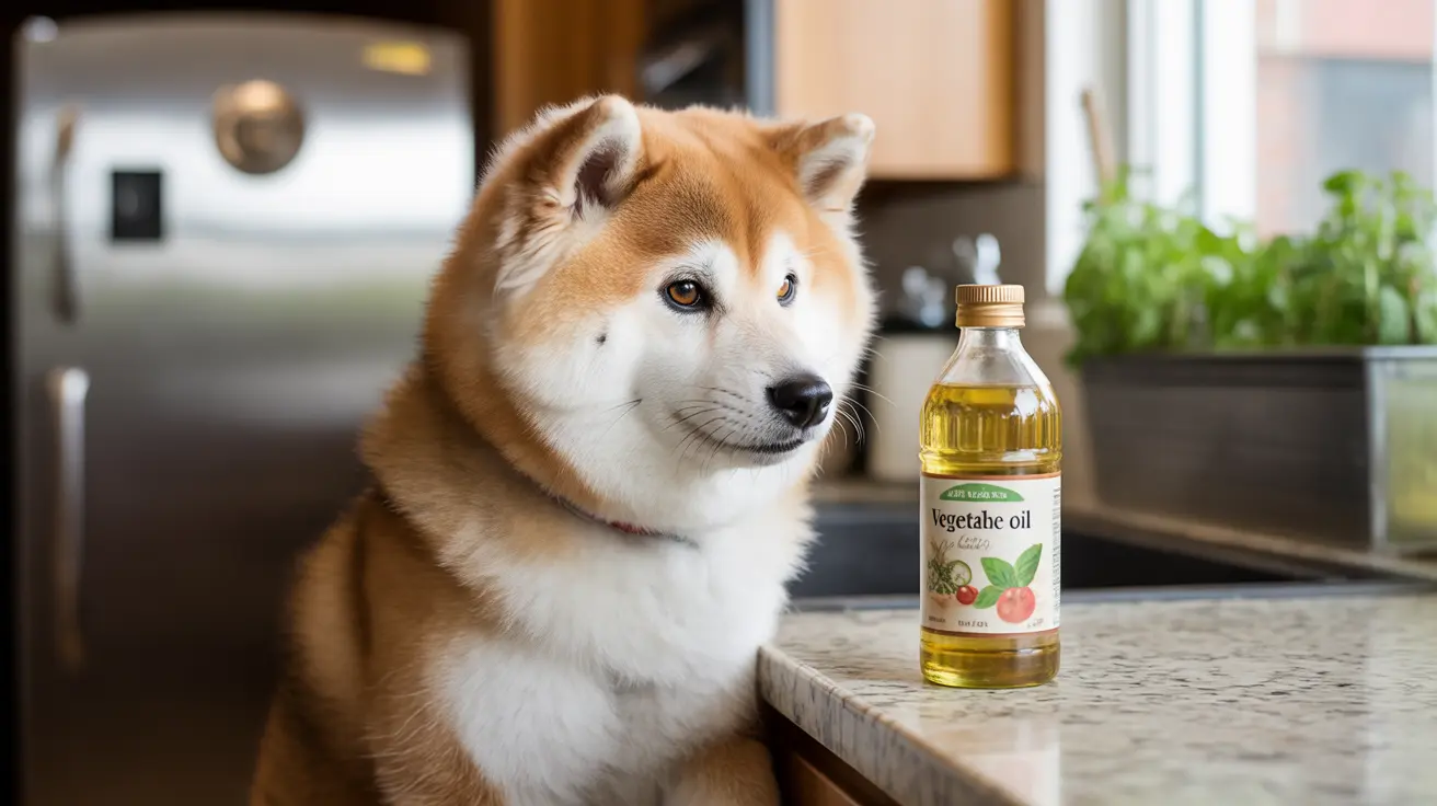 A Shiba Inu sitting in a kitchen, looking contemplatively next to a bottle of vegetable oil.