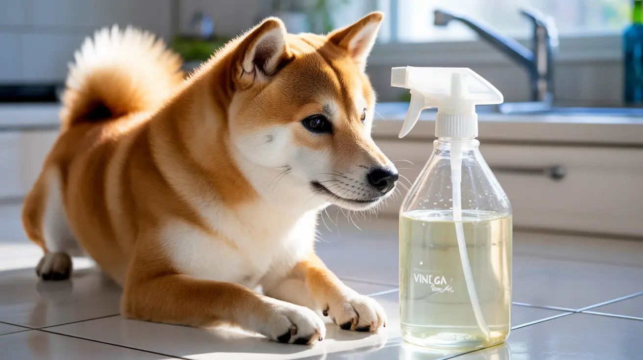 A Shiba Inu sitting on a tiled floor near a spray bottle of cleaning solution in a kitchen