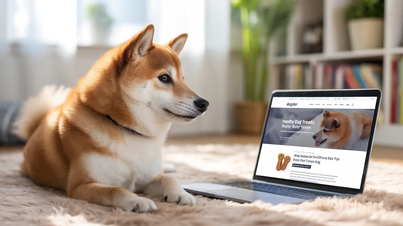 A Shiba Inu dog sitting next to a laptop displaying a dog treat website