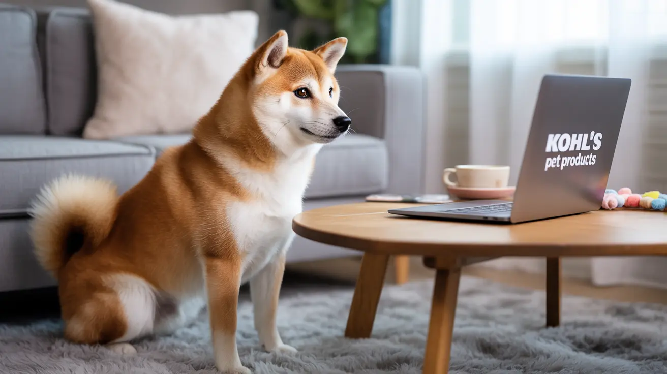 Shiba Inu sitting attentively next to a laptop displaying Kohl's pet products logo