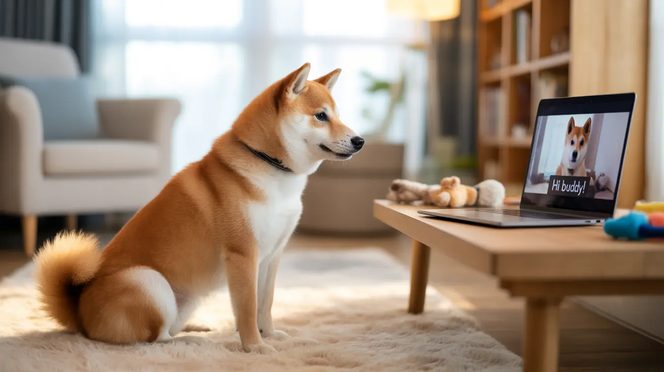 A Shiba Inu on a rug looking at laptop with another Shiba Inu on screen