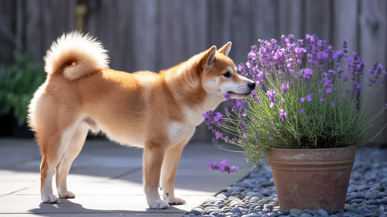 A Shiba Inu standing near a potted lavender plant in a well-manicured outdoor setting