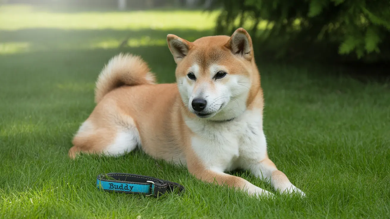 A serene Shiba Inu lying on a lush green lawn with a blue collar nearby