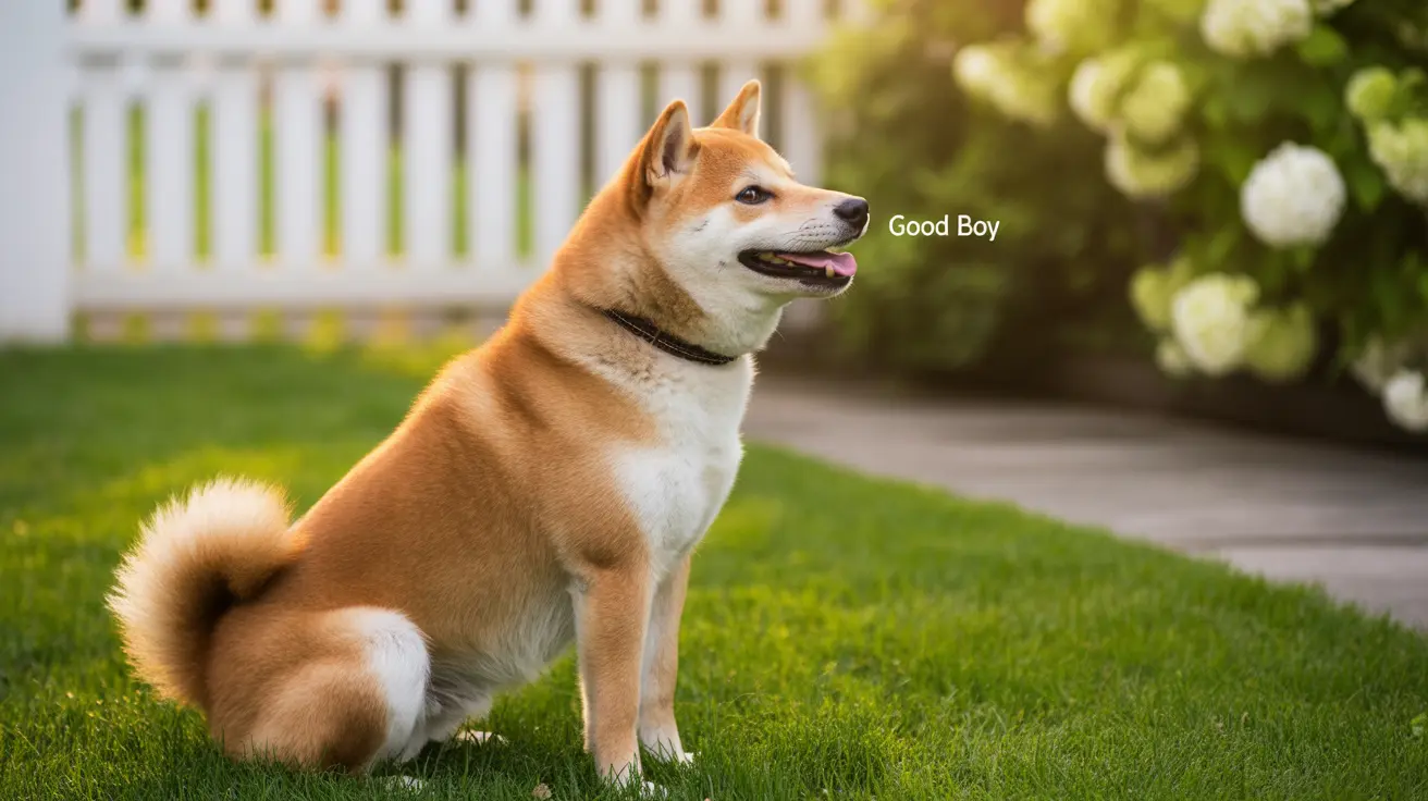 A well-groomed Shiba Inu sitting attentively on a lush green lawn in front of a white picket fence