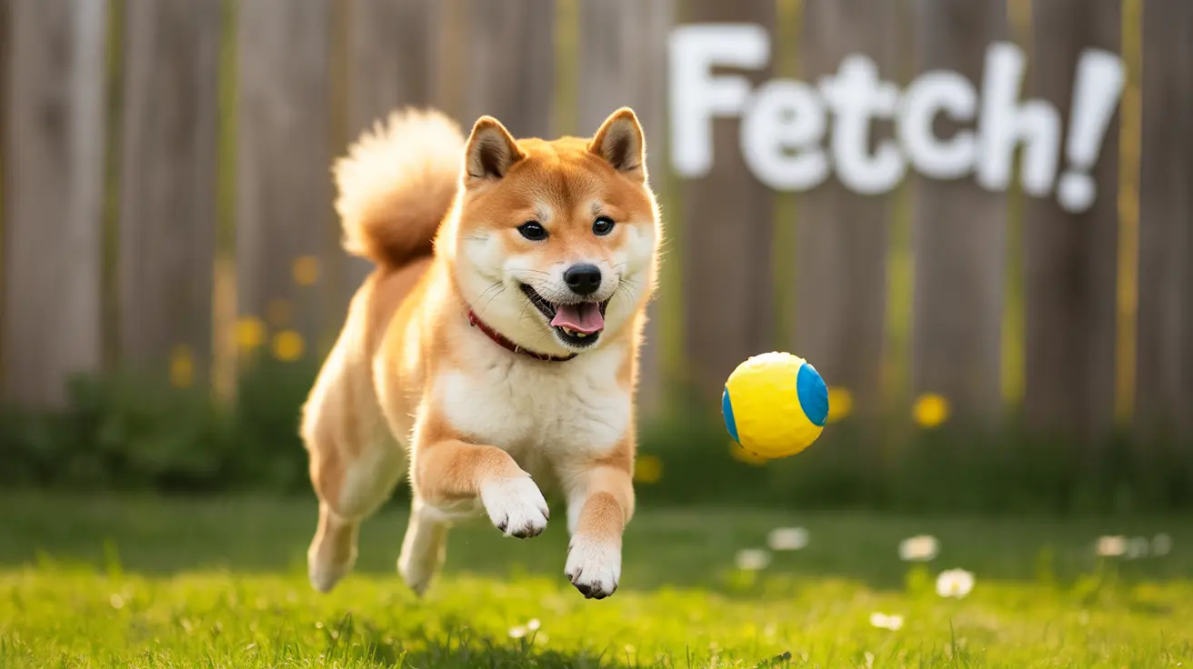 A playful Shiba Inu mid-leap chasing a yellow and blue ball in a grassy backyard