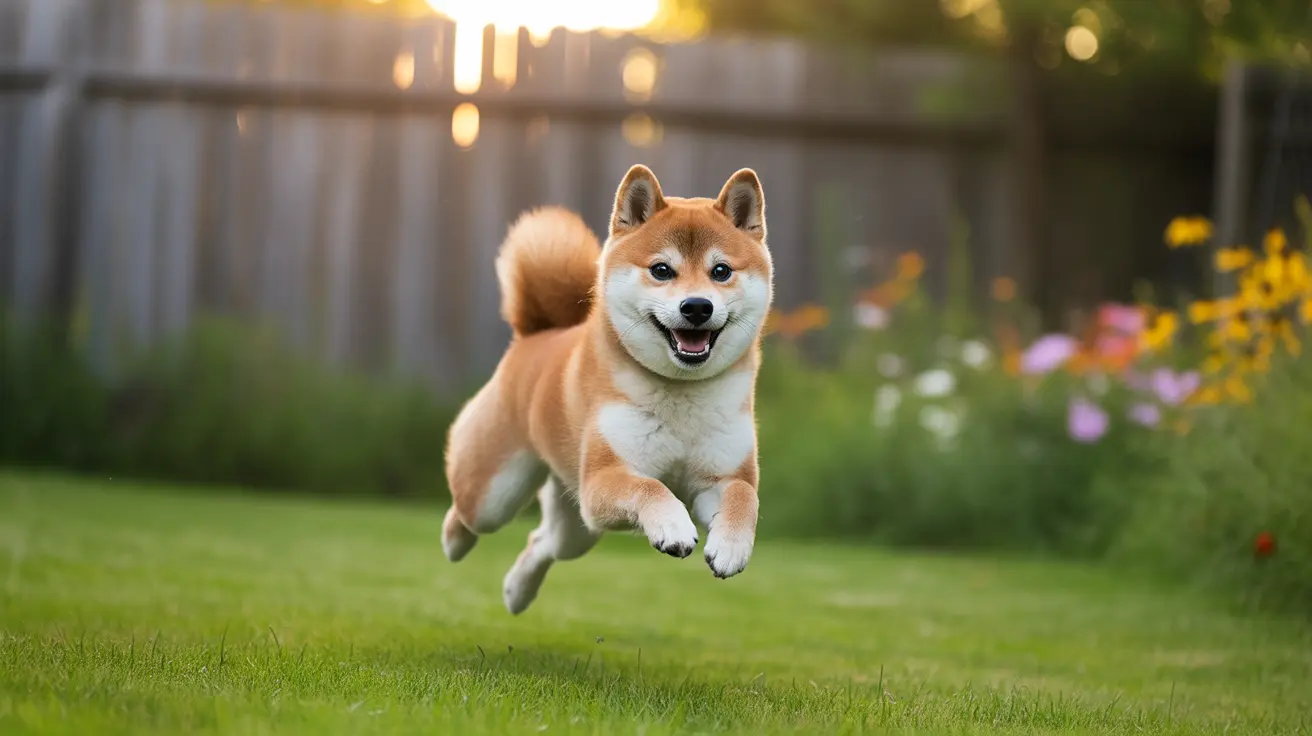 A Shiba Inu mid-leap, happily running across a grassy backyard at golden hour