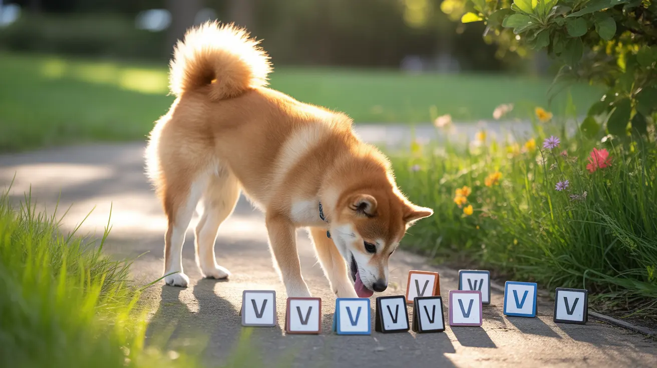 Shiba Inu dog looking down at letter blocks arranged to spell the letter V