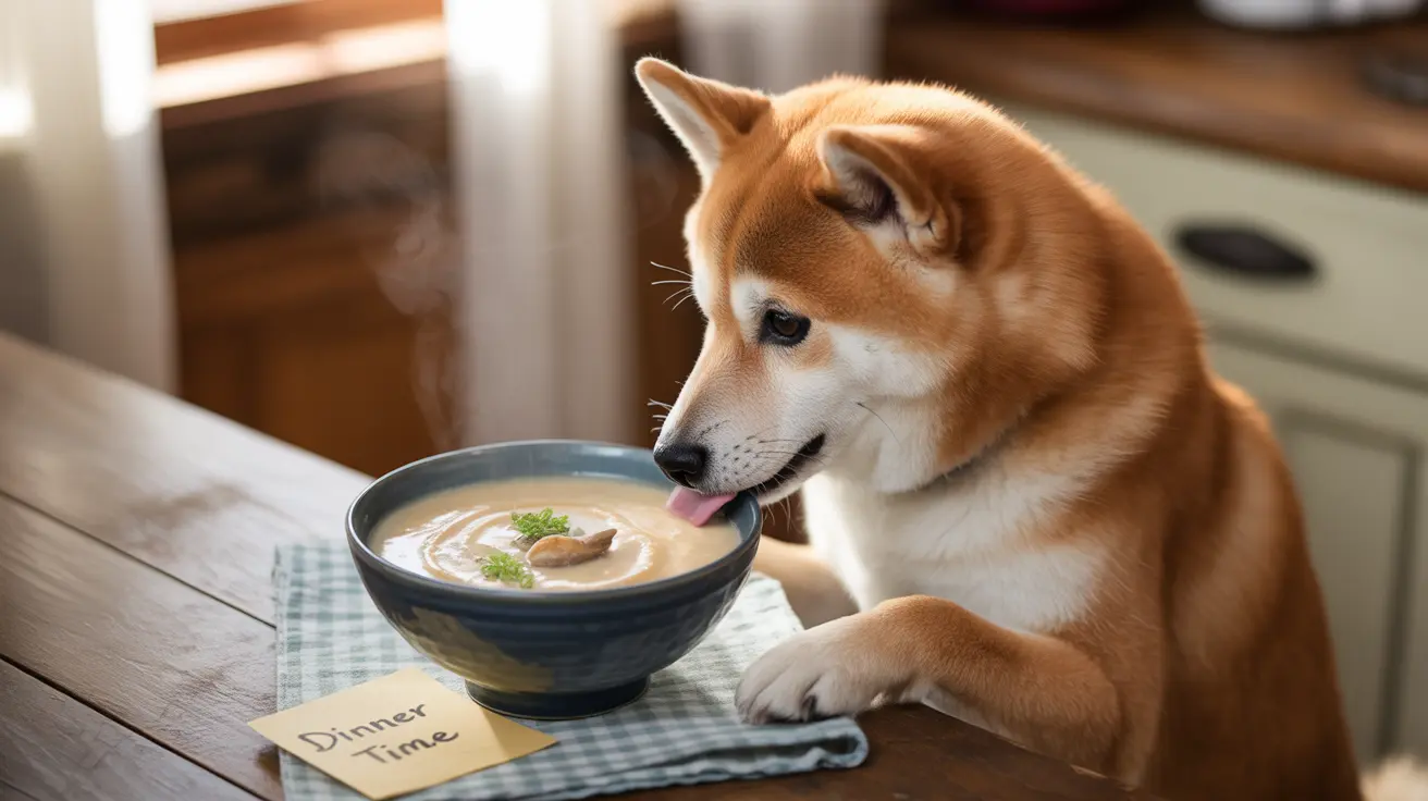 A Shiba Inu dog eagerly licking a bowl of soup or puree at dinner time