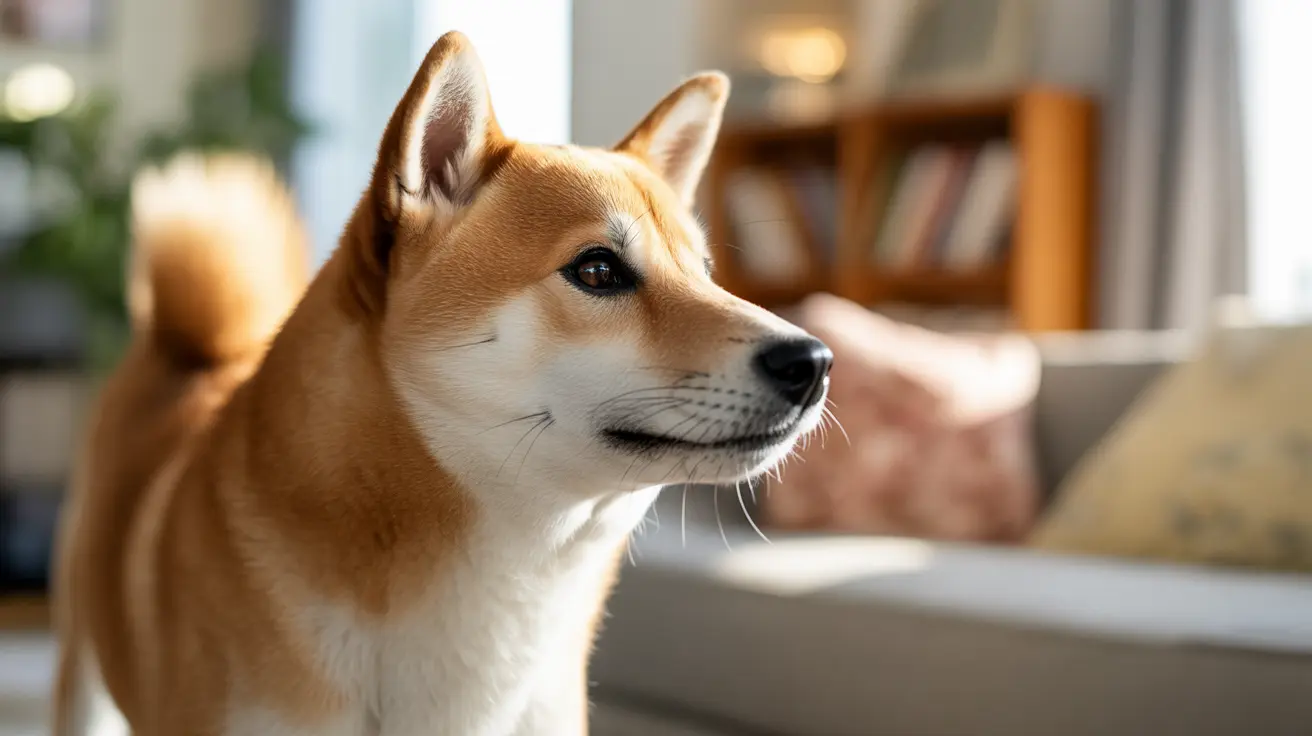 A Shiba Inu sitting alertly in a bright, modern living room with a focused gaze