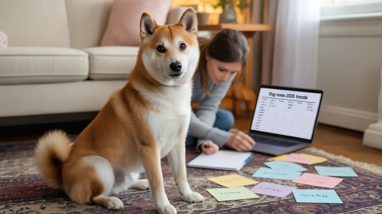 Un Shiba Inu assis attentivement dans un salon pendant qu'une personne travaille sur un ordinateur portable avec des notes concernant les tendances des noms de chiens.
