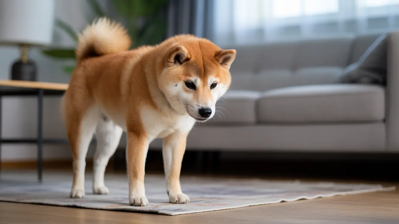 A Shiba Inu standing alert on a rug in a modern living room.