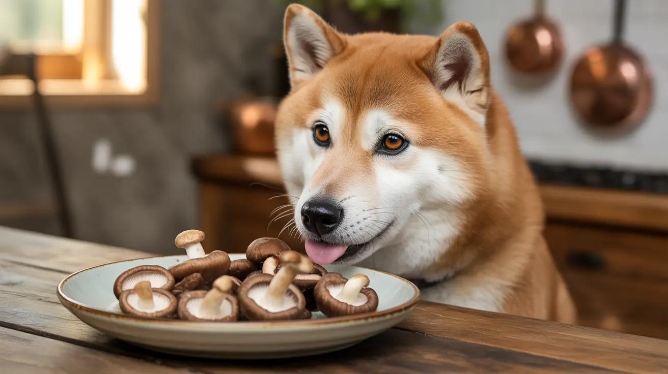 A Shiba Inu curiously looking at a plate of fresh mushrooms in a rustic kitchen setting