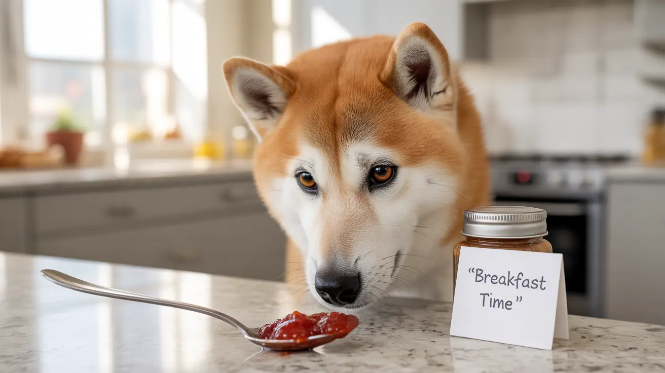 A Shiba Inu intently looking at a spoon with jam with a 'Breakfast Time' sign nearby