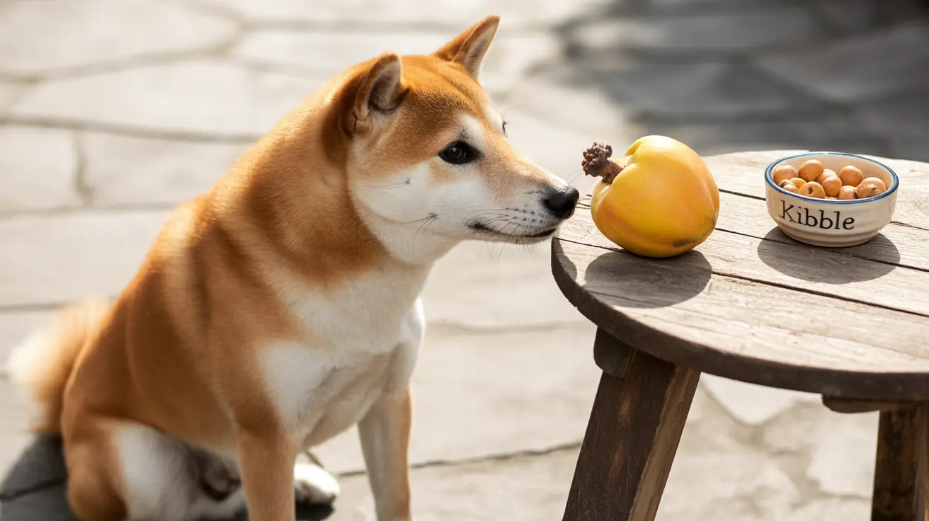 A Shiba Inu sitting next to a wooden stool with a large yellow fruit and a kibble bowl
