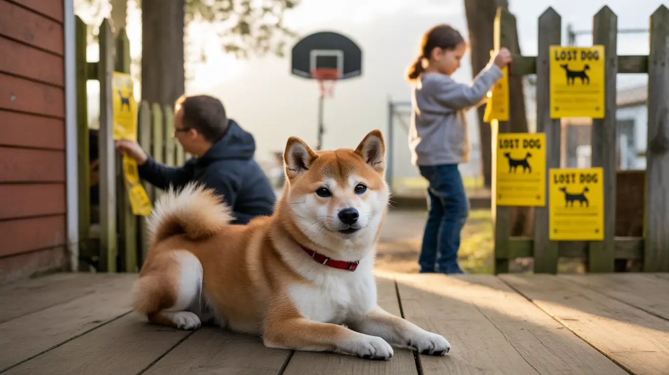 Shiba Inu sitting on wooden deck as two people post yellow lost dog flyers on a fence
