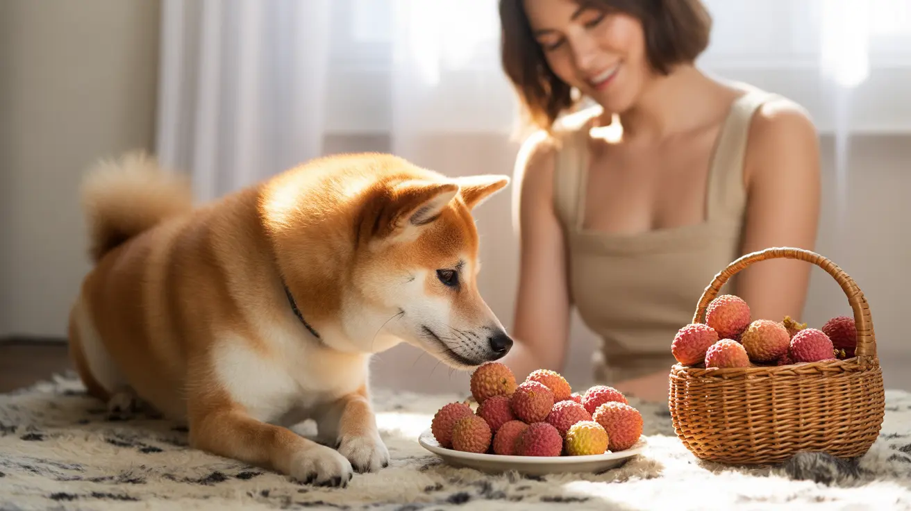 A Shiba Inu curiously looking at a plate of lychee fruits while sitting on a patterned rug with a person in the background