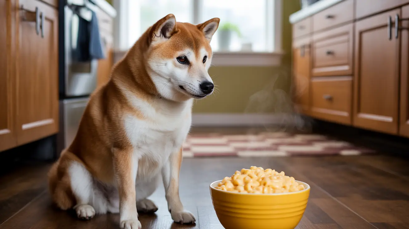 A Shiba Inu dog sitting next to a bowl of mac and cheese in a kitchen