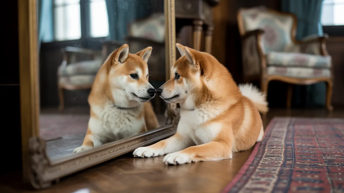 A Shiba Inu sitting next to its reflection in an ornate mirror, looking contemplative.