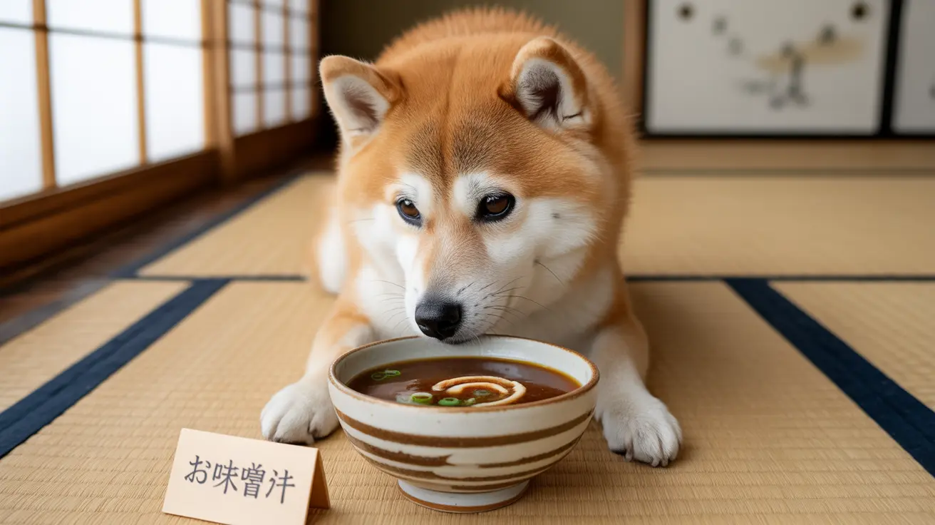Shiba Inu next to a bowl of miso soup in a Japanese interior