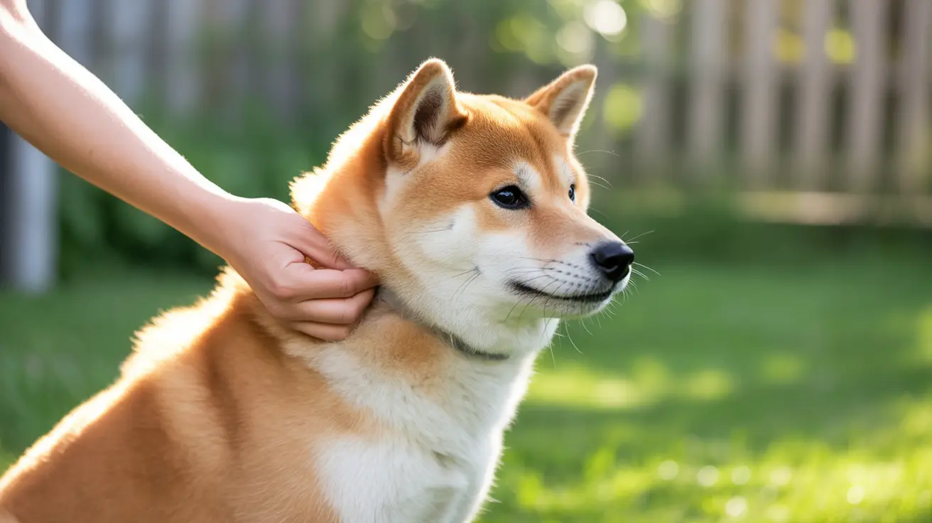 A Shiba Inu receiving an affectionate neck scratch in a sunny backyard setting.