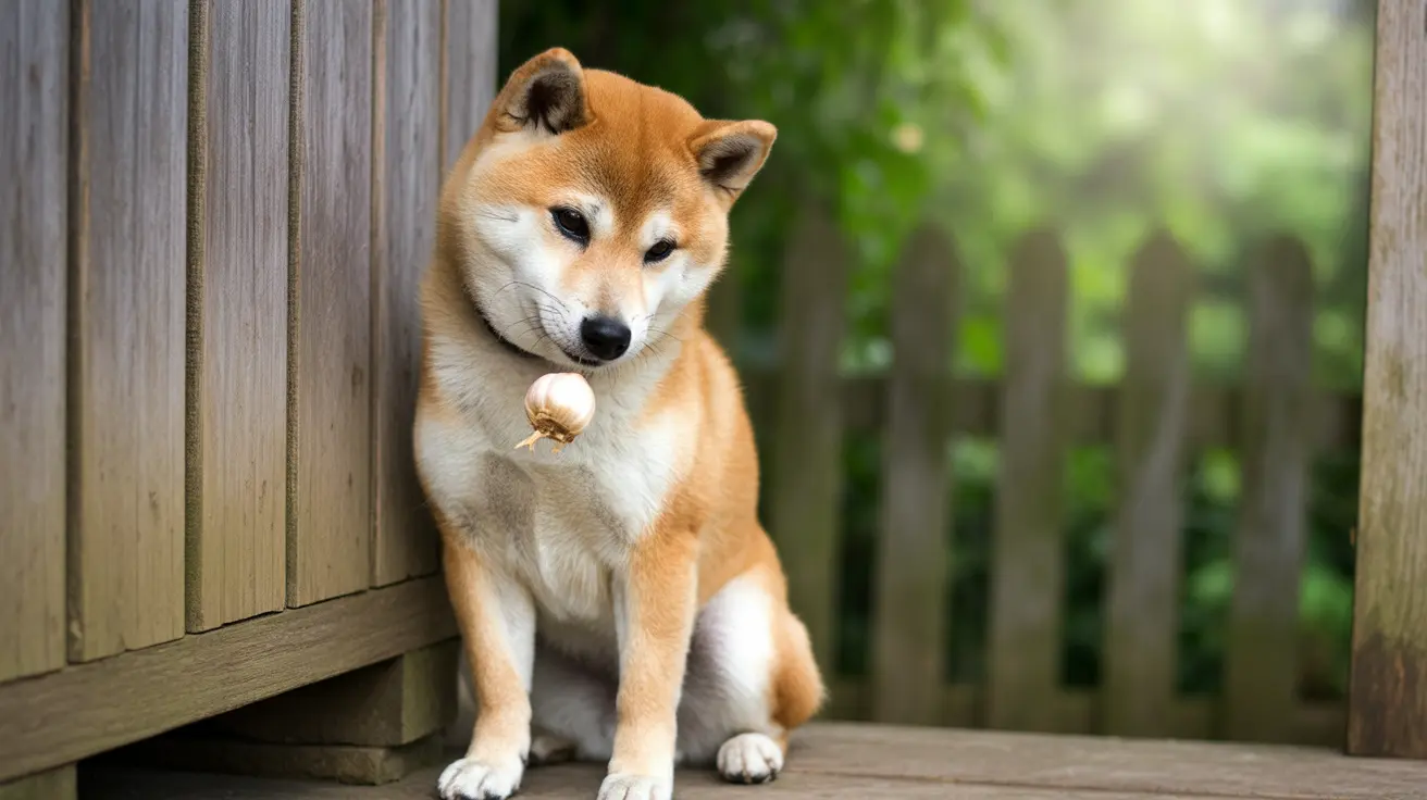 A tan and white Shiba Inu sitting next to a wooden fence with an onion in its mouth